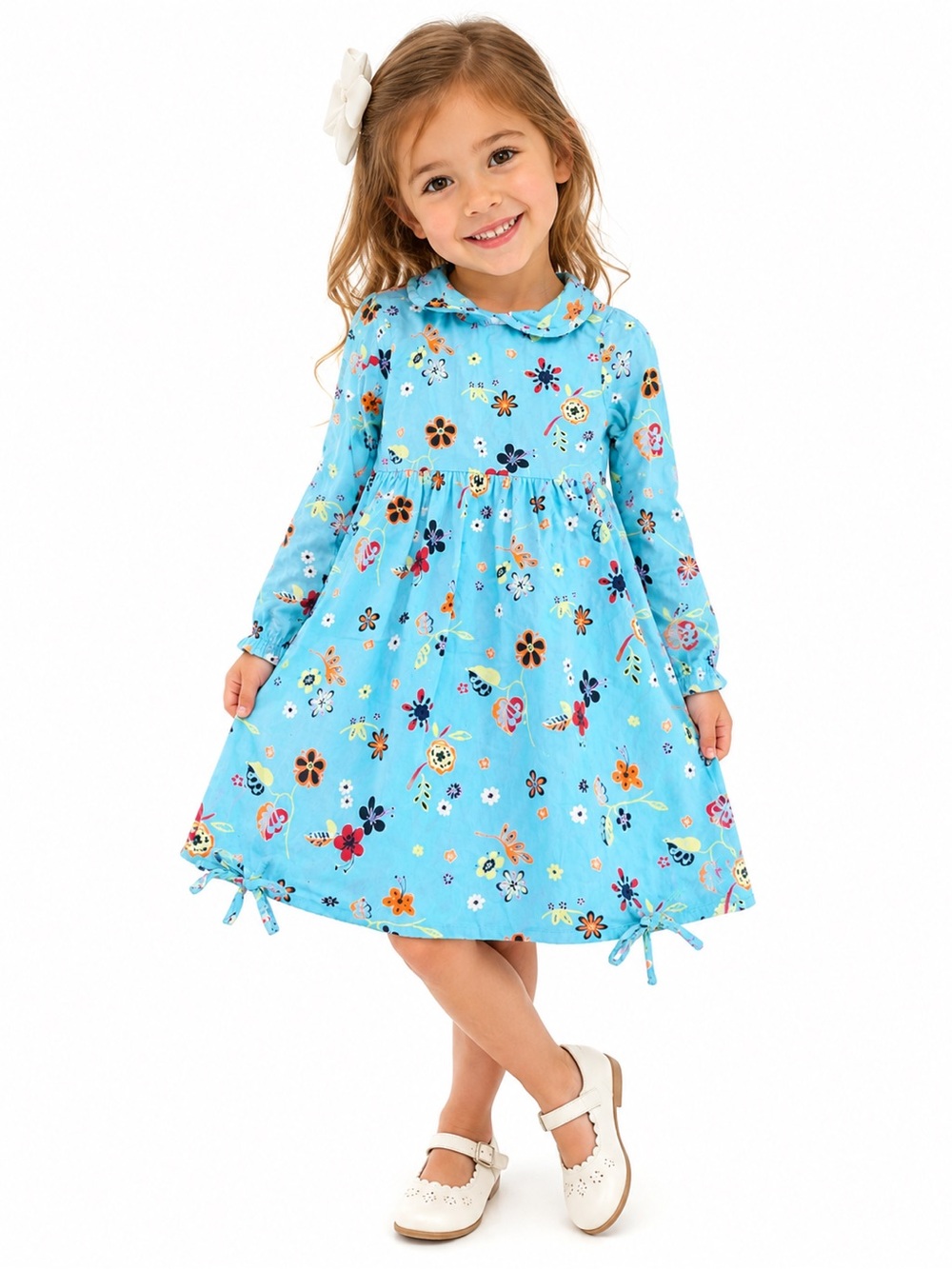 Hanna Andersson Light Blue Floral Ruffle Collar Dress